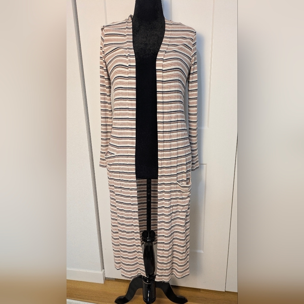Peyton Jensen Long Striped Thin Cardigan Brown White Black Long Sleeve Size S